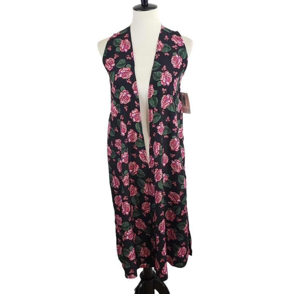 Lularoe Joy Black Rose Floral Print Vest Kimono Duster Size XS NWT